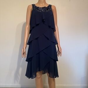 SLNY Navy Tiered Chiffon Dress Knee-Length Size 12 | Sleeveless Beaded Neckline
